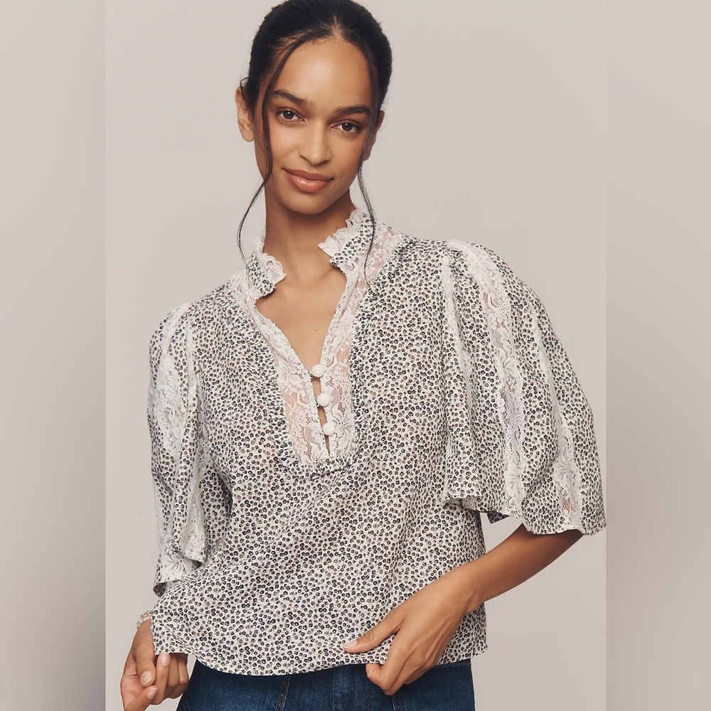 NWT By Anthropologie Cape-Sleeve Lace-Trim Blouse